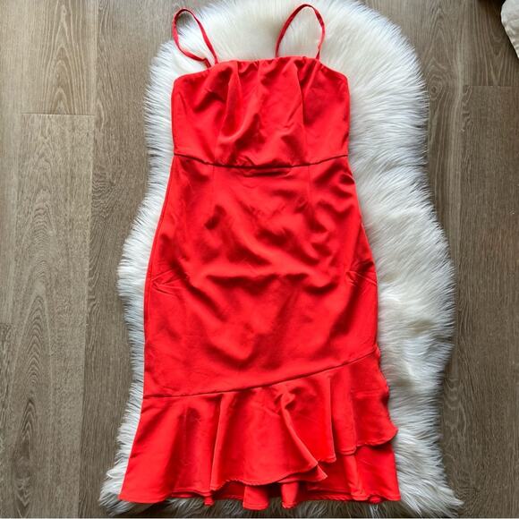 Lulus Irresistible Ways Red Orange Ruffled Midi Dress size medium - Picture 8 of 8